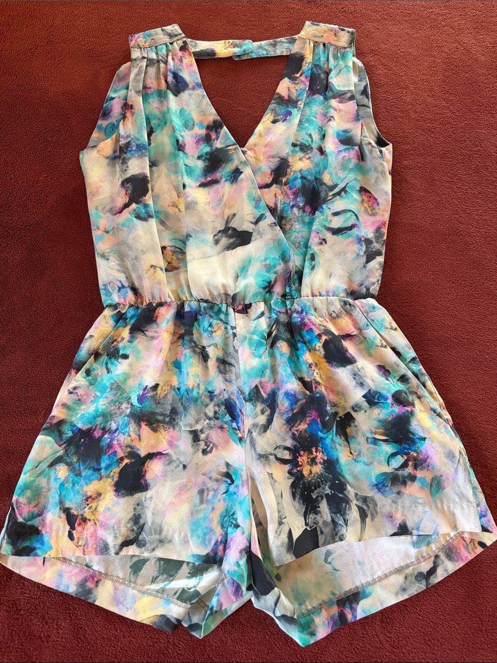 Parker Multicolor Watercolor Print Romper - Teal, Purple, Black, Pink 100% silk.